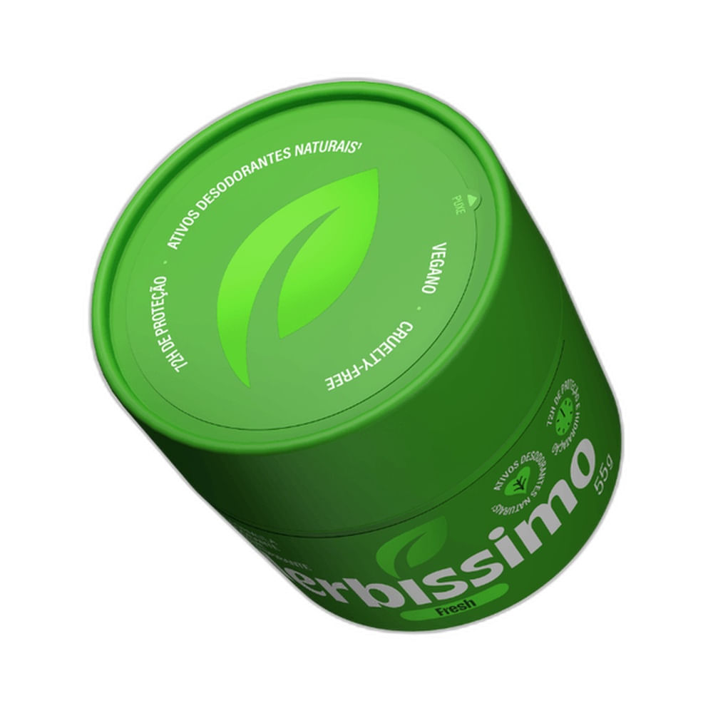 Vista superior do desodorante creme Herbíssimo Fresh com tampa verde e símbolo de folha